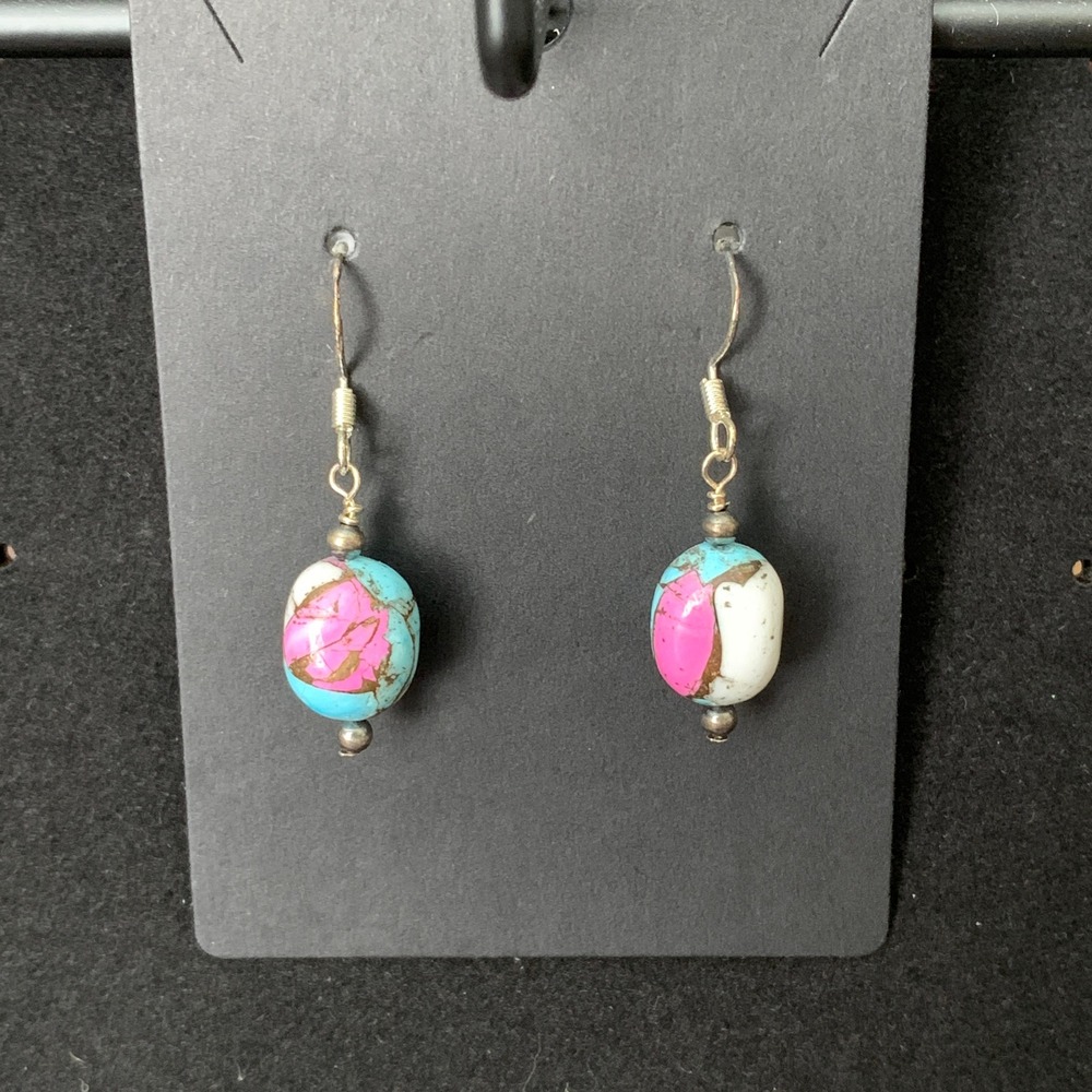 925 Sterling Silver Cotton Candy Turquoise Desert Pearl Drop Earrings Southwest